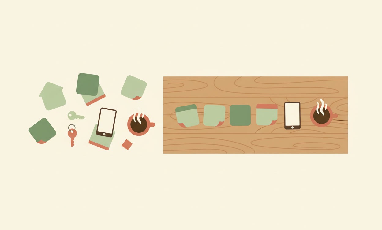 Illustration of a desk with scattered notes on one side becoming a tidy, organized row on the other