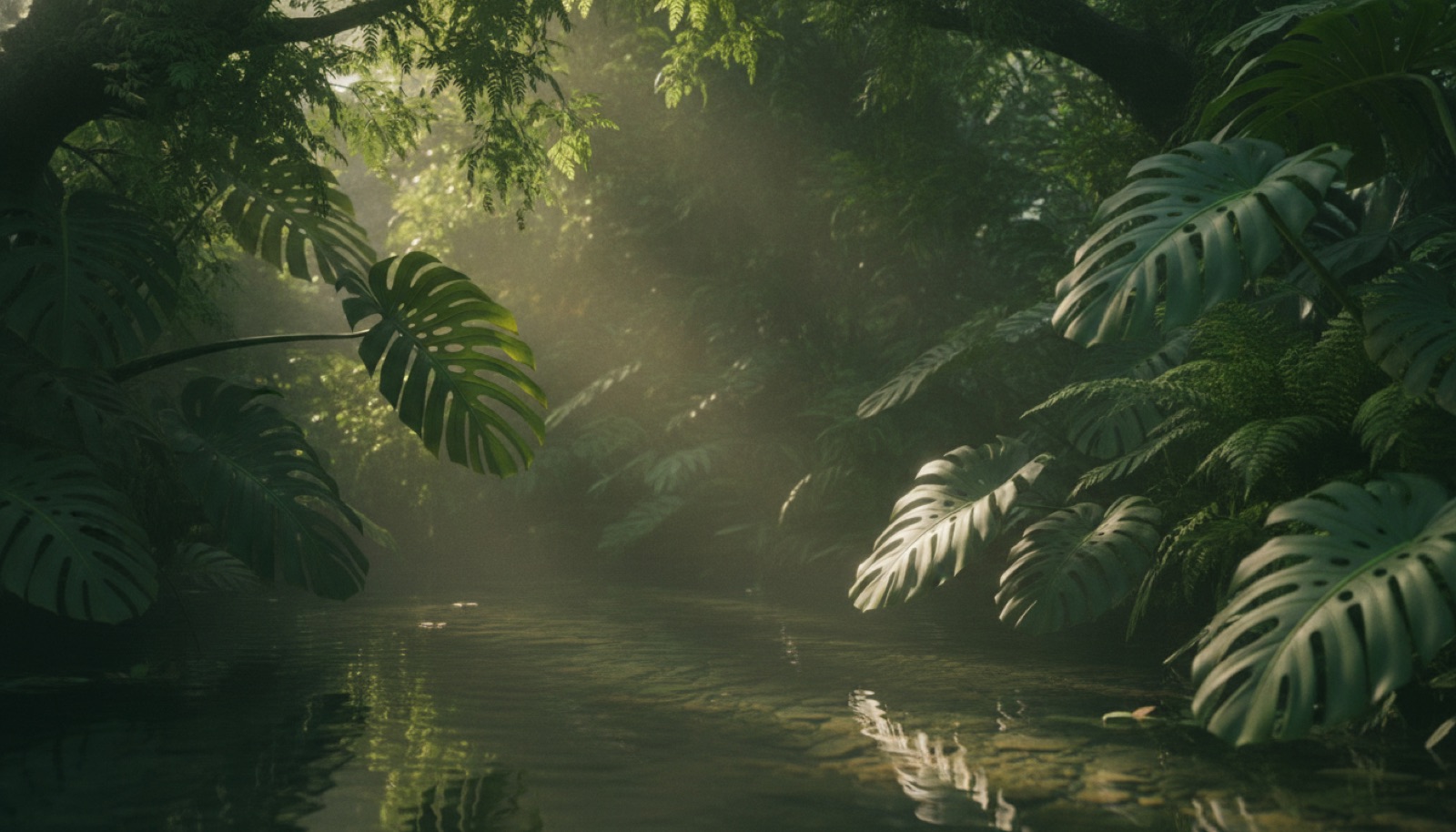 Lush green monstera leaves arching over calm water in soft morning light